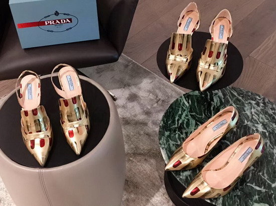 Prada Patent Leather Pumps with Lipstick Print Gold