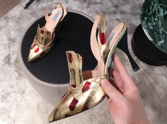 Prada Patent Leather Pumps with Lipstick Print Gold