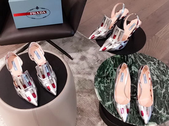 Prada Patent Leather Pumps with Lipstick Print Silver