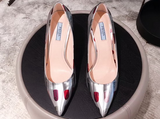 Prada Patent Leather Pumps with Lipstick Print Silver