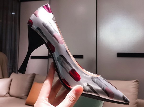 Prada Patent Leather Pumps with Lipstick Print Silver