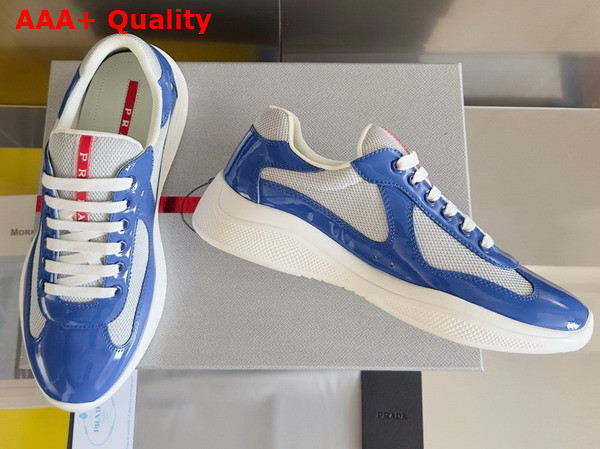 Prada Patent Leather and Technical Fabric Prada Americas Cup Sneakers Aviation Blue and Silver 4E3400 Replica