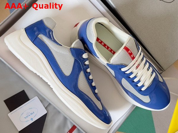 Prada Patent Leather and Technical Fabric Prada Americas Cup Sneakers Aviation Blue and Silver 4E3400 Replica