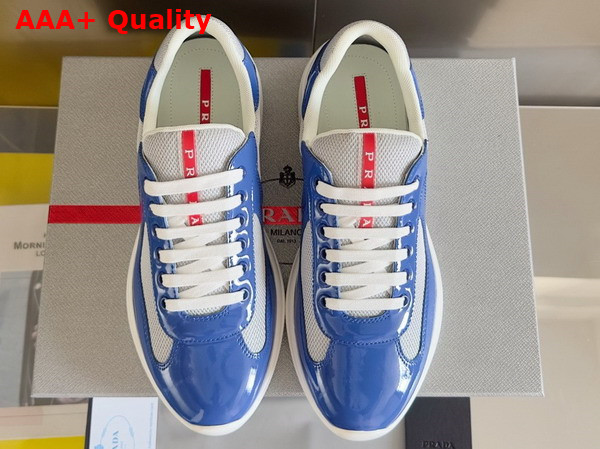 Prada Patent Leather and Technical Fabric Prada Americas Cup Sneakers Aviation Blue and Silver 4E3400 Replica