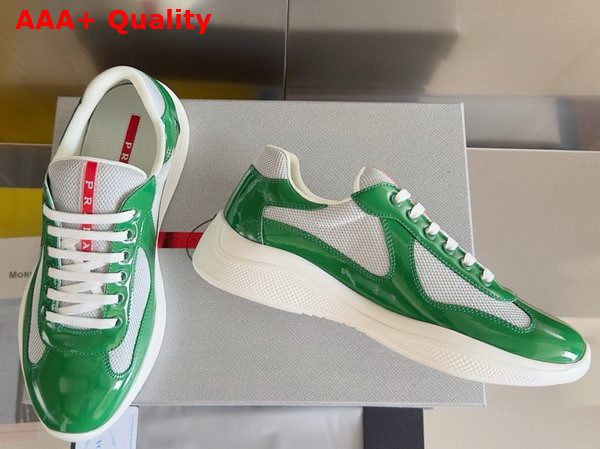 Prada Patent Leather and Technical Fabric Prada Americas Cup Sneakers Green and Silver 4E3400 Replica