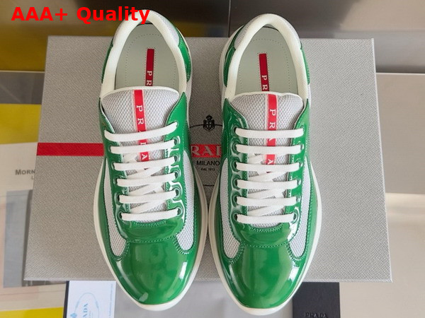 Prada Patent Leather and Technical Fabric Prada Americas Cup Sneakers Green and Silver 4E3400 Replica