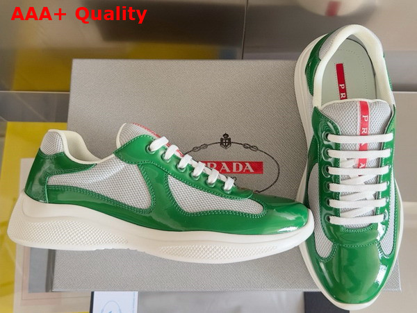 Prada Patent Leather and Technical Fabric Prada Americas Cup Sneakers Green and Silver 4E3400 Replica