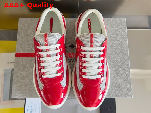 Prada Patent Leather and Technical Fabric Prada Americas Cup Sneakers Red and Silver 4E3400 Replica