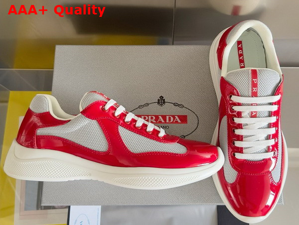 Prada Patent Leather and Technical Fabric Prada Americas Cup Sneakers Red and Silver 4E3400 Replica