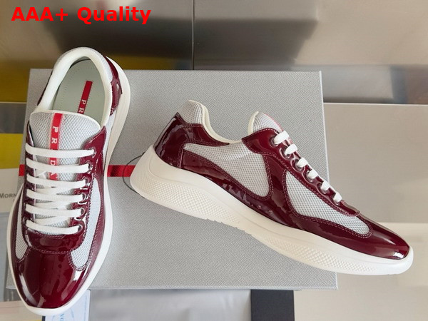 Prada Patent Leather and Technical Fabric Prada Americas Cup Sneakers Royal Burgundy and Silver 4E3400 Replica