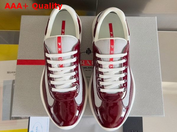 Prada Patent Leather and Technical Fabric Prada Americas Cup Sneakers Royal Burgundy and Silver 4E3400 Replica