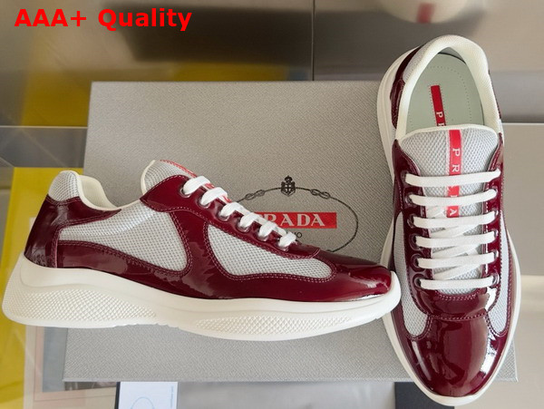 Prada Patent Leather and Technical Fabric Prada Americas Cup Sneakers Royal Burgundy and Silver 4E3400 Replica