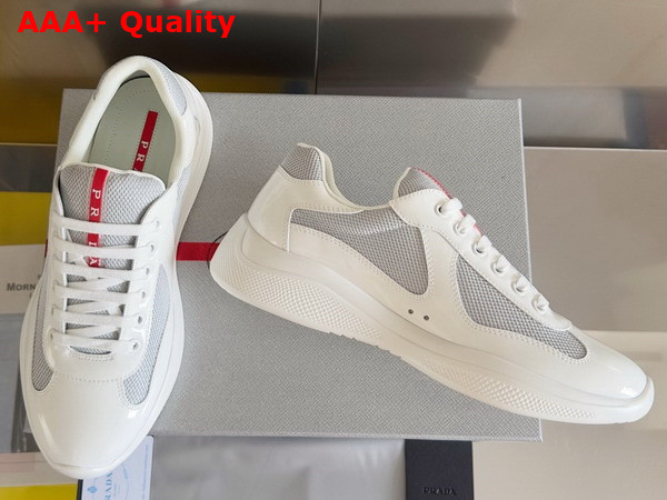 Prada Patent Leather and Technical Fabric Prada Americas Cup Sneakers White and Silver 4E3400 Replica