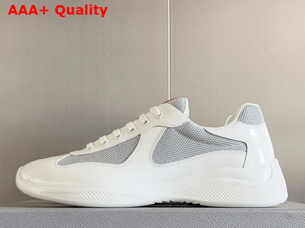 Prada Patent Leather and Technical Fabric Prada Americas Cup Sneakers White and Silver 4E3400 Replica