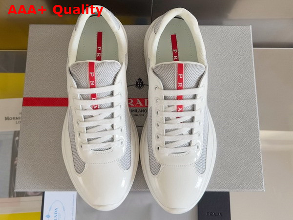 Prada Patent Leather and Technical Fabric Prada Americas Cup Sneakers White and Silver 4E3400 Replica