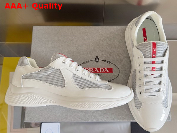 Prada Patent Leather and Technical Fabric Prada Americas Cup Sneakers White and Silver 4E3400 Replica