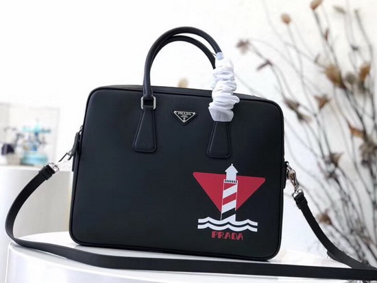 Prada Printed Saffiano Leather Briefcase in Black