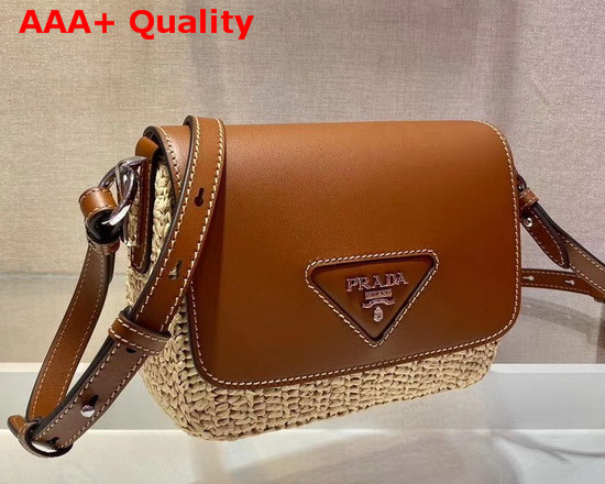 Prada Raffia and Leather Shoulder Bag Beige Cognac Replica