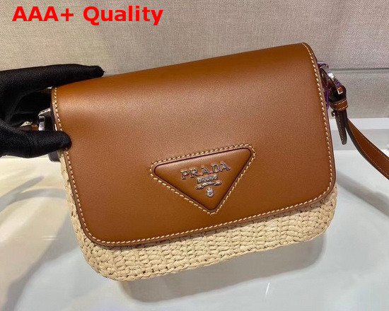 Prada Raffia and Leather Shoulder Bag Beige Cognac Replica