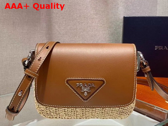 Prada Raffia and Leather Shoulder Bag Beige Cognac Replica