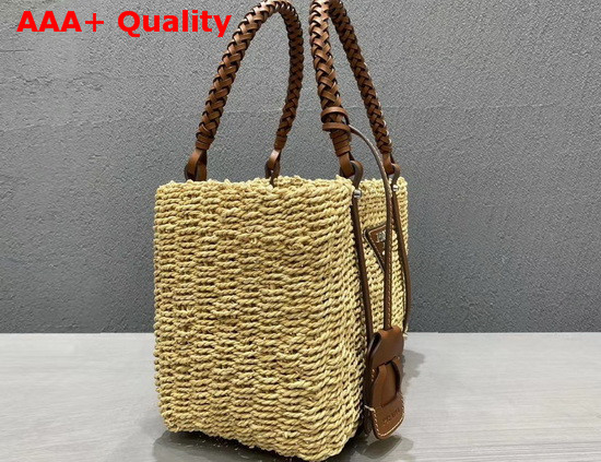 Prada Raffia and Leather Tote Bag Beige Cognac Replica