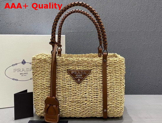 Prada Raffia and Leather Tote Bag Beige Cognac Replica