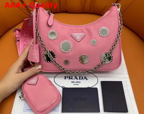 Prada Re Edition 2005 Nylon Shoulder Bag in Begonia Pink with Embroidered Charms Replica