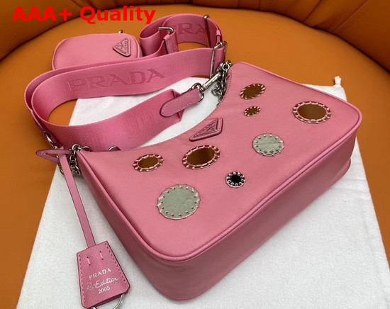 Prada Re Edition 2005 Nylon Shoulder Bag in Begonia Pink with Embroidered Charms Replica