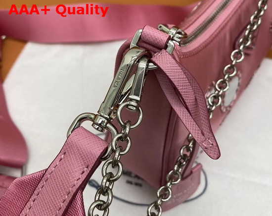 Prada Re Edition 2005 Nylon Shoulder Bag in Begonia Pink with Embroidered Charms Replica