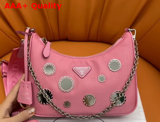 Prada Re Edition 2005 Nylon Shoulder Bag in Begonia Pink with Embroidered Charms Replica