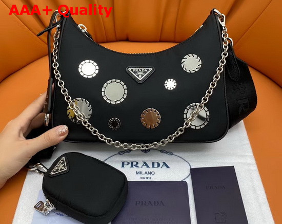 Prada Re Edition 2005 Nylon Shoulder Bag in Black with Embroidered Charms Replica