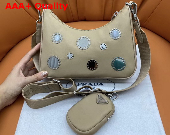 Prada Re Edition 2005 Nylon Shoulder Bag in Cameo Beige with Embroidered Charms Replica