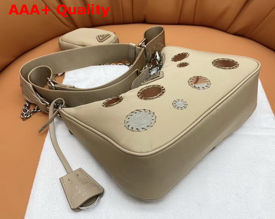 Prada Re Edition 2005 Nylon Shoulder Bag in Cameo Beige with Embroidered Charms Replica