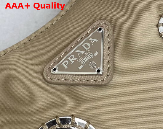 Prada Re Edition 2005 Nylon Shoulder Bag in Cameo Beige with Embroidered Charms Replica