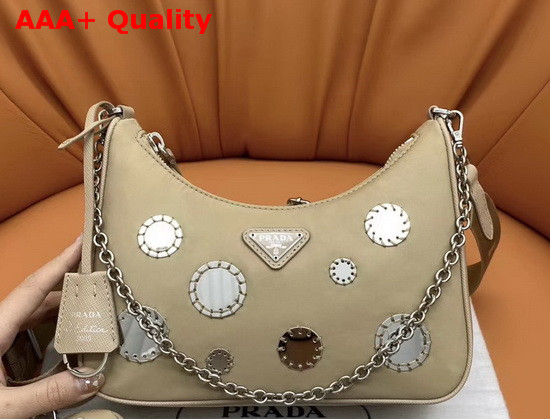 Prada Re Edition 2005 Nylon Shoulder Bag in Cameo Beige with Embroidered Charms Replica