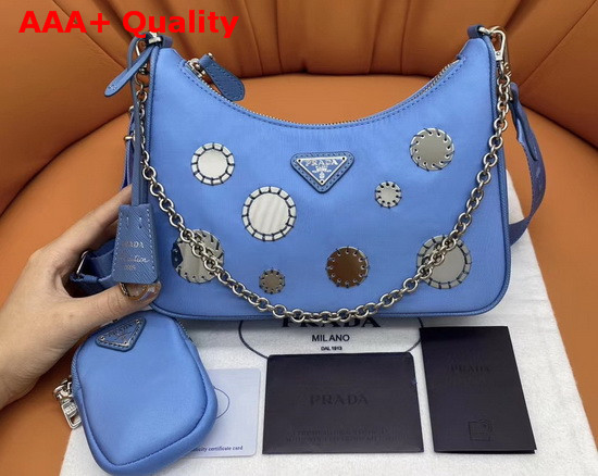 Prada Re Edition 2005 Nylon Shoulder Bag in Periwinkle Blue with Embroidered Charms Replica