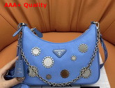 Prada Re Edition 2005 Nylon Shoulder Bag in Periwinkle Blue with Embroidered Charms Replica