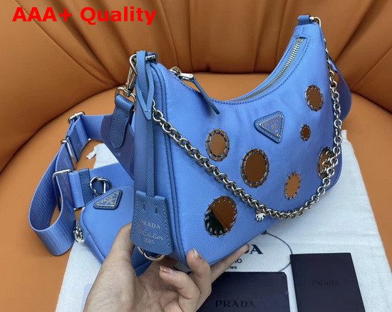 Prada Re Edition 2005 Nylon Shoulder Bag in Periwinkle Blue with Embroidered Charms Replica