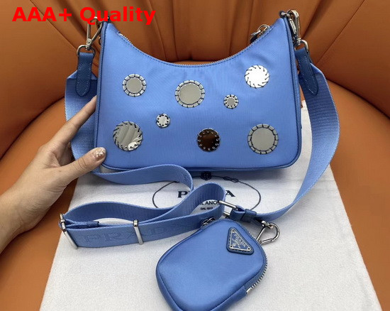 Prada Re Edition 2005 Nylon Shoulder Bag in Periwinkle Blue with Embroidered Charms Replica