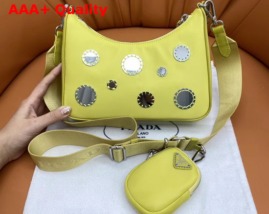 Prada Re Edition 2005 Nylon Shoulder Bag in Pineapple Yellow with Embroidered Charms Replica