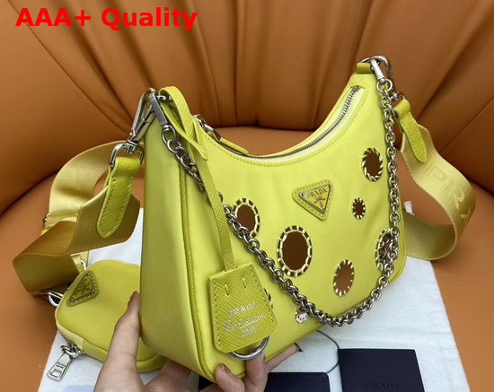 Prada Re Edition 2005 Nylon Shoulder Bag in Pineapple Yellow with Embroidered Charms Replica