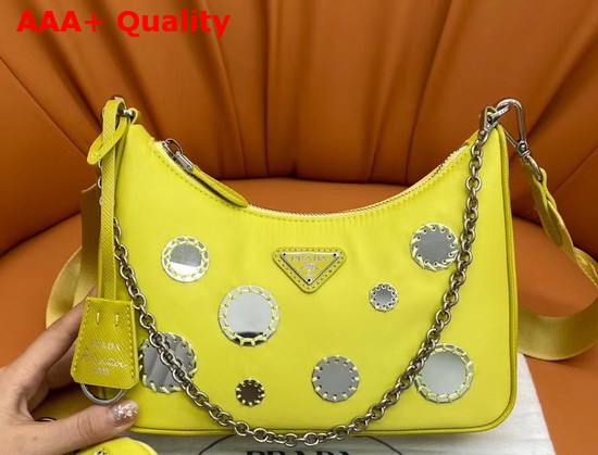 Prada Re Edition 2005 Nylon Shoulder Bag in Pineapple Yellow with Embroidered Charms Replica