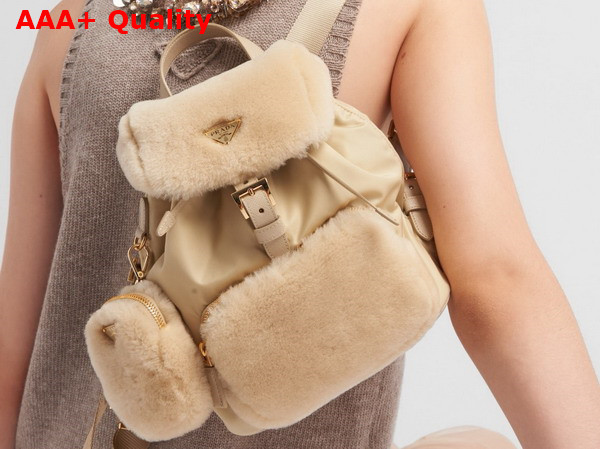 Prada Re Nylon and Shearling Backpack in Desert Beige 1BZ074 Replica