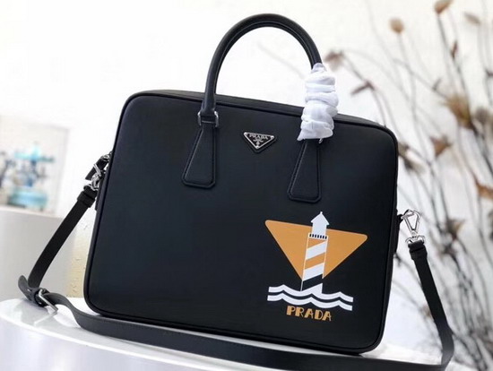 Prada Saffiano Leather Briefcase in Black Printed Saffiano Leather