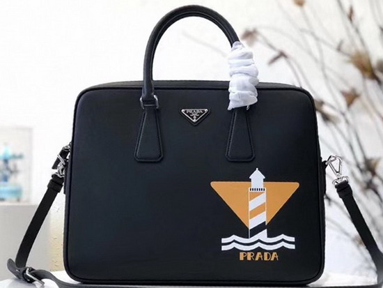 Prada Saffiano Leather Briefcase in Black Printed Saffiano Leather