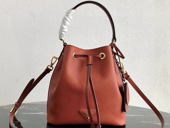 Prada Saffiano Leather Bucket Bag in Rust