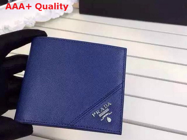 Prada Saffiano Leather Men Wallet Blue Metal Logo Replica