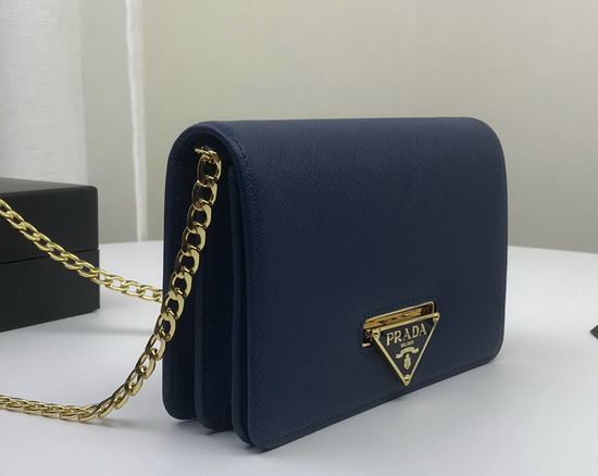 Prada Saffiano Leather Shouler Bag in Blue with Triangle Logo Lock on The Front