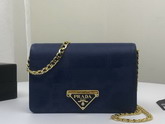 Prada Saffiano Leather Shouler Bag in Blue with Triangle Logo Lock on The Front