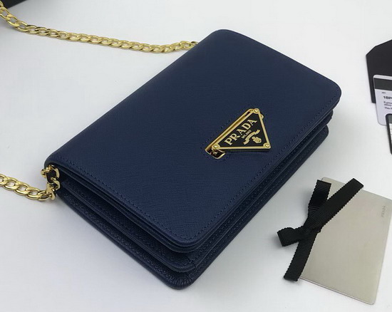 Prada Saffiano Leather Shouler Bag in Blue with Triangle Logo Lock on The Front